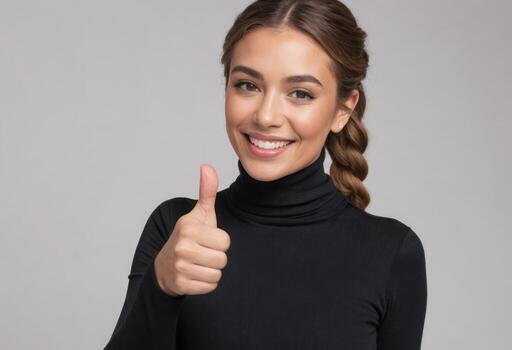 ai generado encantador mujer con pulgares arriba foto