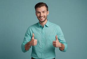 AI Generated Charming Man Giving Double Thumbs Up photo