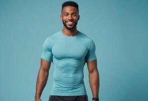 AI Generated Happy Fit Man in Blue Shirt photo