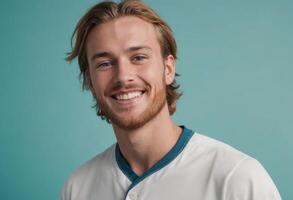 AI Generated Happy Man with Teal Collar photo
