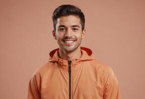 AI Generated Man in Orange Jacket Smiling photo
