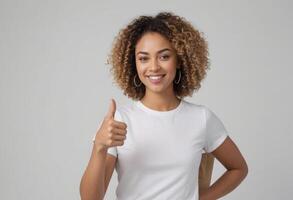 AI Generated Joyful Curly-Haired Woman Thumbs Up photo