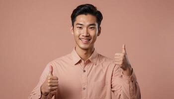 AI Generated A smiling young man in a salmon shirt gives a thumbs up, looking directly at the camera. photo