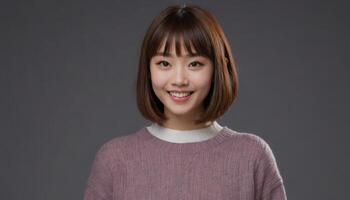 AI Generated Asian woman with a bob haircut smiling in a lavender sweater. Her cheerful expression is inviting and warm. photo
