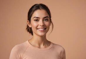 AI Generated Young woman in a casual sweater, offering a bright and friendly smile. Her appearance is effortlessly chic. photo