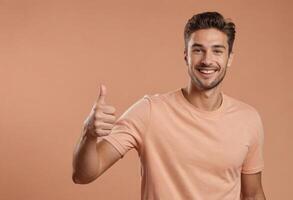 ai generado joven hombre en un deportivo tee dando un pulgares arriba, su atractivo sonrisa y relajado postura reflejar un animado espíritu. foto