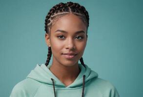 AI Generated Young woman in a teal hoodie, her braided hair and serene expression offer a look of calm comfort. photo