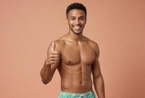 AI Generated Young shirtless man giving a thumbs up, his fit physique and bright smile showcasing health and vitality. photo