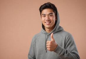 AI Generated Young man in a sporty hoodie giving a thumbs up, his casual pose and engaging smile suggest activity and friendliness. photo