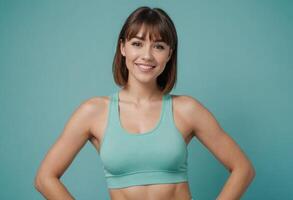 ai generado sonriente mujer en gimnasio atuendo dando un pulgares arriba. su deportivo Mira y positivo actitud son inspirador. foto