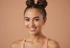 AI Generated Young woman with double bun hairstyle and a radiant smile, her minimalist style exudes approachability and freshness. photo