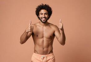 AI Generated Energetic man without a shirt giving double thumbs up, his smile and physique showcasing his dedication to fitness and wellness. photo