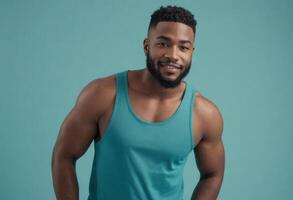 AI Generated Fit man in a teal tank top giving a thumbs up, his ready stance and engaging smile suggest enthusiasm for fitness. photo