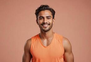 AI Generated A man in an orange tank top smiles casually. The warm peach background creates a cheerful atmosphere. photo