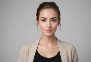 AI Generated A woman with a casual sweater and neutral expression stands composed. The soft focus accentuates her serene demeanor. photo