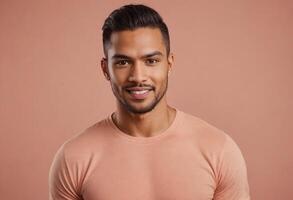 AI Generated A handsome man in a peach t-shirt gives a confident smile. The soft peach backdrop creates a cohesive look. photo