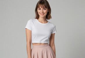 AI Generated A smiling woman in a white crop top and pastel skirt exudes casual style. Her friendly demeanor is inviting. photo