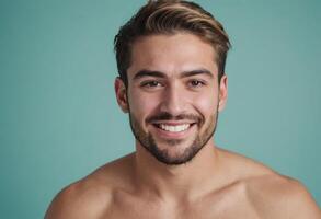 AI Generated A shirtless man with a bright smile poses for the camera. The blue background emphasizes his cheerful expression. photo