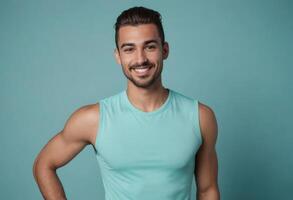 AI Generated An athletic man in a light teal tank top poses with a friendly smile. He stands against a blue background, looking fit and happy. photo