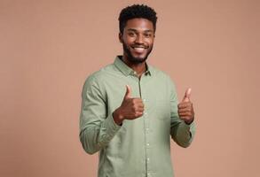 AI Generated A cheerful young man in a green shirt giving a thumbs up. He portrays a friendly and positive demeanor. photo