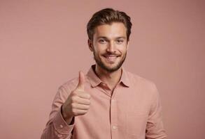 ai generado un hermoso hombre con ordenado pelo da un pulgares arriba. su expresión transporta confiar y positividad foto