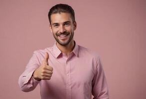 AI Generated A smiling man with a beard shows a thumbs-up gesture. He exhibits a relaxed and pleased demeanor. photo