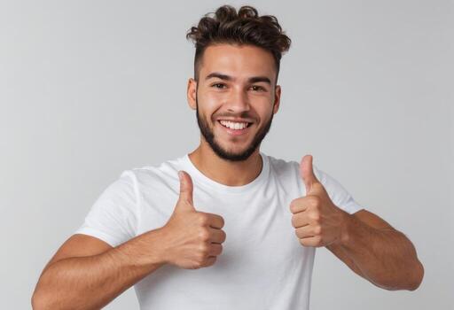 ai generado un hombre en un blanco tee da dos pulgares arriba, demostración su aprobación y contentamiento. foto
