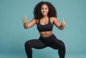 AI Generated Fit woman in sportswear performing a squat pose with double thumbs up, showcasing strength and enthusiasm. photo