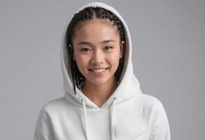 AI Generated Young Asian woman smiling in a white hoodie. A red heart emblem adds charm to her casual look. photo