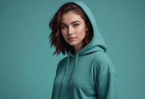 AI Generated Young woman in a stylish hoodie with a contemplative look. Her casual, fashionable attire speaks to a relaxed confidence. photo