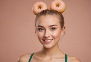 AI Generated Young woman with a playful donut hairdo smiling joyfully. Her casual style and makeup exemplify youthful fun. photo