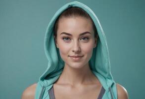 AI Generated Woman in hooded athleisure wear with a confident smile. Her relaxed posture suggests comfort and style. photo