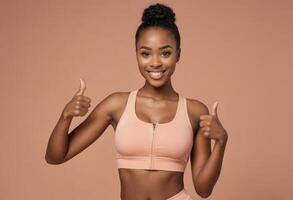 AI Generated Fit woman in a sports bra giving thumbs up. Her high ponytail and bright smile convey an active, positive vibe. photo