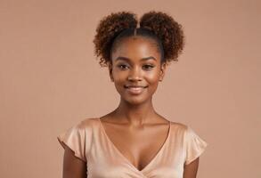 AI Generated Young woman with a natural look in a blush top, exuding soft elegance and simplicity. photo