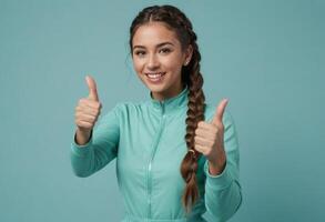 AI Generated Young woman in a teal zip-up giving two thumbs up, her long braid adding to the sporty look. photo