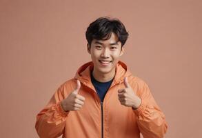 AI Generated Young man in an orange jacket giving two thumbs up, his cheerful demeanor is infectious. photo