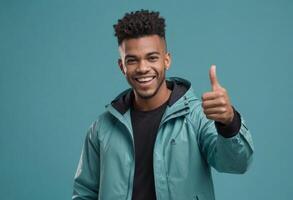 AI Generated Young man in a casual jacket giving a thumbs up, his smile suggests friendliness and confidence. photo