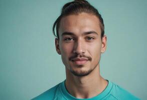 AI Generated A young man with a mustache and teal shirt looks directly at the camera. The background is a soft blue shade. photo