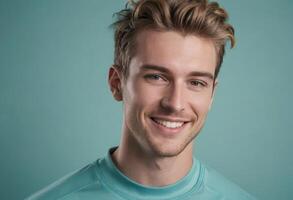 AI Generated A cheerful young man in a light blue shirt, with a soft blue backdrop. His bright smile conveys happiness and ease. photo