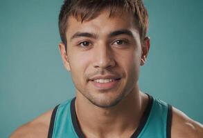 AI Generated An athletic man in a teal tank top poses with a focused expression. He is against a blue backdrop. photo