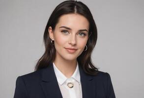 AI Generated A smiling woman dressed in a smart blue blazer and white blouse. Her confident stance suggests professionalism. photo