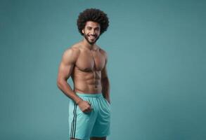 AI Generated A shirtless man with a full afro hairstyle poses casually, wearing teal pants. The blue background adds a cool tone to the image. photo