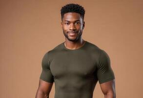 AI Generated Muscular man in olive tee looking focused, peach background. His athletic build and confident pose are noteworthy. photo