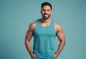 AI Generated A muscular man in a teal tank top stands with his arms crossed, exuding confidence. The blue background complements his athletic build. photo