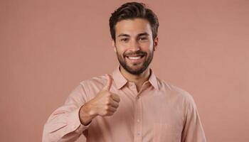 AI Generated A man with a beard in a peach shirt giving a thumbs up, his confident grin suggesting approval and positivity. photo