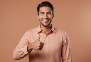 AI Generated A smiling man with a neat beard in a salmon shirt giving a thumbs up, his warm demeanor is welcoming. photo