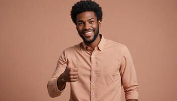 AI Generated A cheerful man with an afro giving a thumbs up, in a casual peach shirt. His bright smile suggests positivity and friendliness. photo