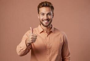 AI Generated A happy man with a bright smile in a salmon shirt giving a thumbs up, his radiant expression conveys positivity. photo