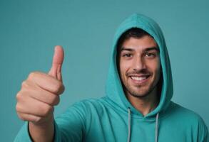 AI Generated A happy man in a teal hoodie giving a thumbs up, his cheerful demeanor and relaxed attire suggest a laid-back confidence. photo