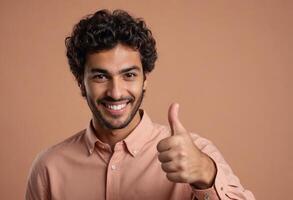 ai generado un alegre hombre con un calentar sonrisa y Rizado pelo en un melocotón camisa dando un pulgares arriba, señalización positividad y confianza. foto